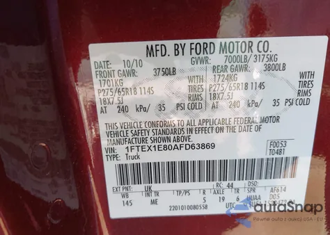 2010 Ford F-150 Stx/Xl/Xlt z USA, uszkodzony, nr VIN 1FTEX1E80AFD63869